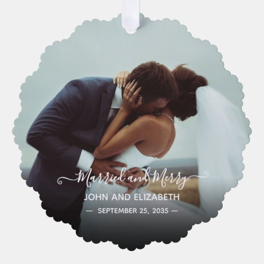 Getrouwde Vrolijke Passen getrouwd Foto 1e Kerst M Ornament Kaart (Voorkant)