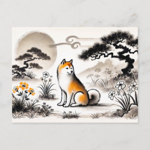 Getrouwe Hond in Tuin Onder Bonsai-inkt kunst Feestdagenkaart