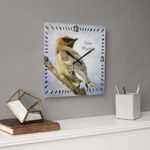 Gettextureerde cedar Waxwing Square Wall klok