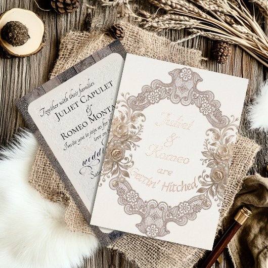 Gettin' Hitched Hout & Kant - Crème Folie Uitnodiging