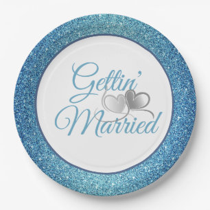 Gettin' Married Blue Glitter 9" papieren Borden Bordje