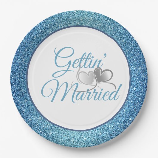 Gettin' Married Blue Glitter 9" papieren Borden Bordje (Voorkant)
