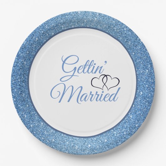 Gettin' Married Blue Glitter 9" papieren Borden Bordje (Voorkant)