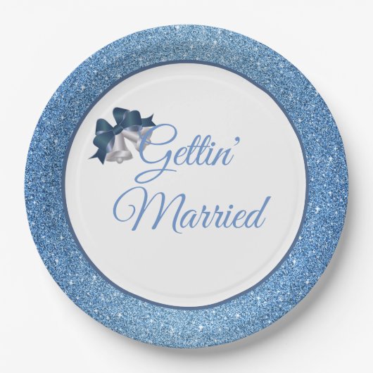 Gettin' Married Blue Glitter 9" papieren Borden Papieren Bordje (Voorkant)