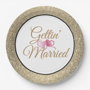 Gettin' Married Gouden Glitter 9" Papieren Borden Bordje
