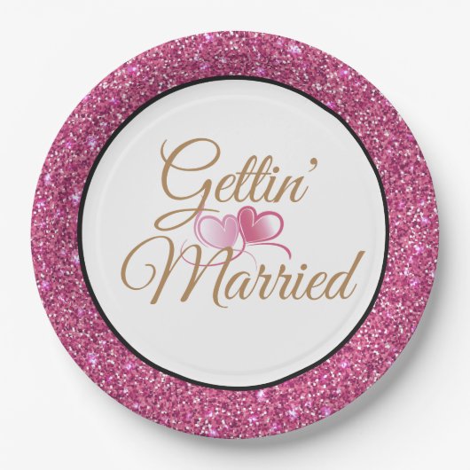 Gettin' Married Pink Glitter 9" Papieren Borden Papieren Bordje (Voorkant)