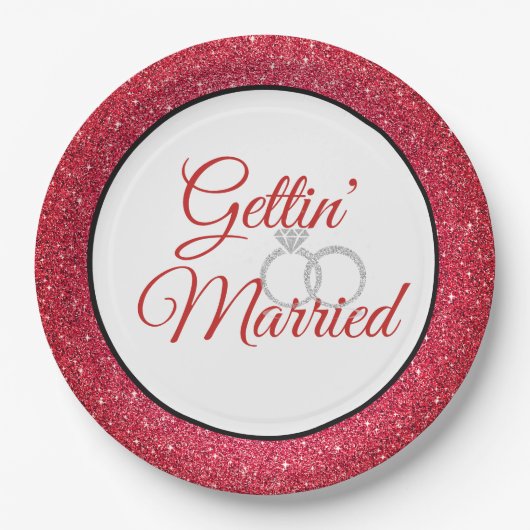 Gettin' Married Red Glitter 9" Papieren Borden Papieren Bordje (Voorkant)