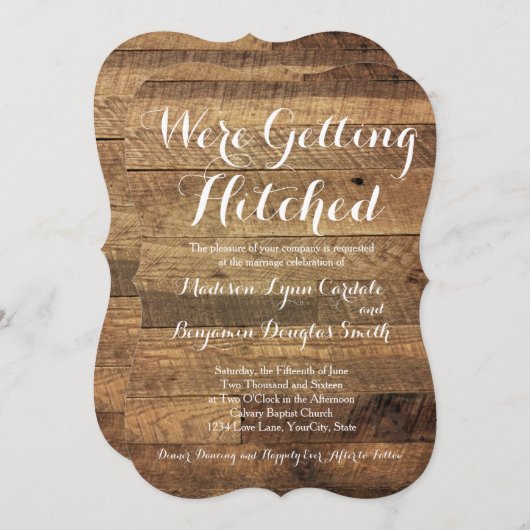Getting Hitched Barn Wood bruiloft uitnodigingen (Voorkant / Achterkant)