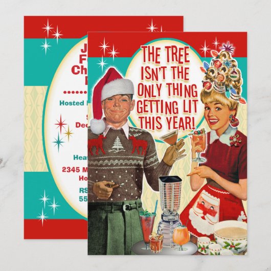 Getting Lit Christmas Party Invitation - Couple Kaart (Voorkant / Achterkant)