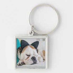Getty Afbeeldingen Sleepy Dog met Cat Headband Sleutelhanger