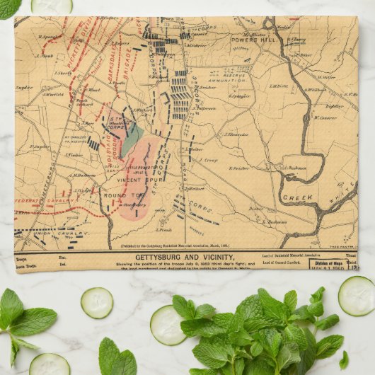 Gettysburg & Vicinity Troop Positions Juli 3 1863 Theedoek (Gevouwen)