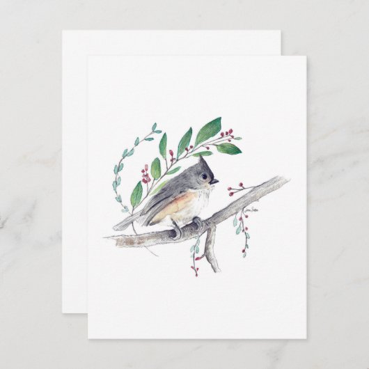 Getuft Titmouse Waterverf Note Kaart (Voorkant / Achterkant)