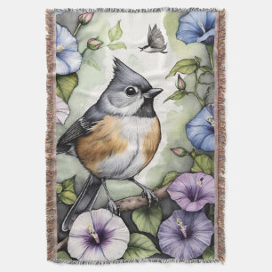 Getufte Titmouse Morning Glory Bloemenwijnstokken Deken