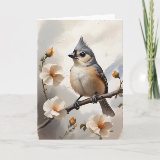 Getufte Titmouse Rust op Tree Limb Bloemen Blank Kaart (Voorkant)