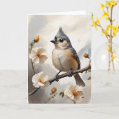 Getufte Titmouse Rust op Tree Limb Bloemen Blank Kaart (Gele Bloem)
