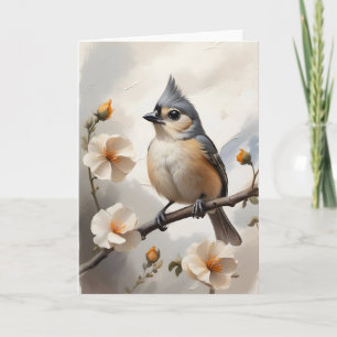 Getufte Titmouse Rust op Tree Limb Bloemen Blank Kaart