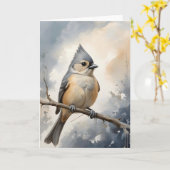 Getufte Titmouse Rustend op Boomtak Leeg Kaart (Gele Bloem)