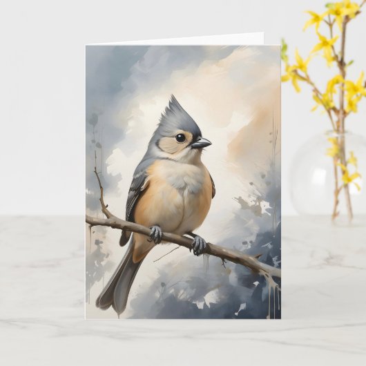 Getufte Titmouse Rustend op Boomtak Leeg Kaart (Gele Bloem)