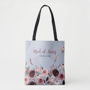 Getuige Stof Blauw en Bordeaux Bloemen Tote Bag