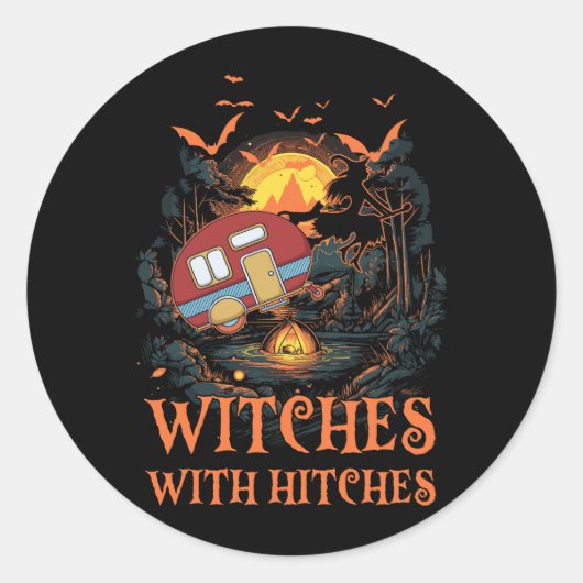 Getuigen met Hitches Halloween Witches Camping Lov Ronde Sticker (Voorkant)