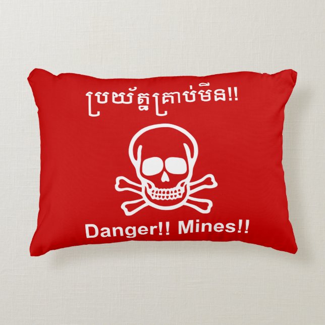 Gevaar!! Mijnen!! ☠ Cambodjaans Khmer Bord ☠ Accent Kussen (Voorkant)