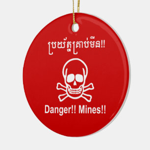 Gevaar!! Mijnen!! ☠ Cambodjaans Khmer Bord ☠ Keramisch Ornament