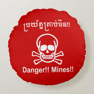 Gevaar!! Mijnen!! ☠ Cambodjaans Khmer Bord ☠ Rond Kussen