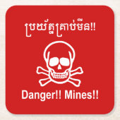 Gevaar! Mijnen! ☠ Cambodjaanse Khmer ☠ Kartonnen Onderzetters (Voorkant)