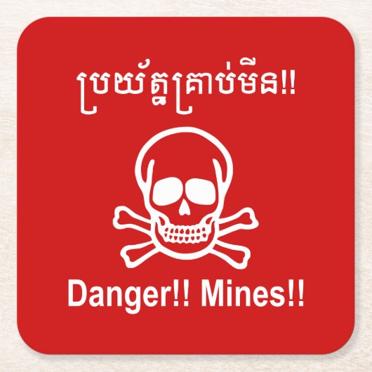 Gevaar! Mijnen! ☠ Cambodjaanse Khmer ☠ Kartonnen Onderzetters (Voorkant)