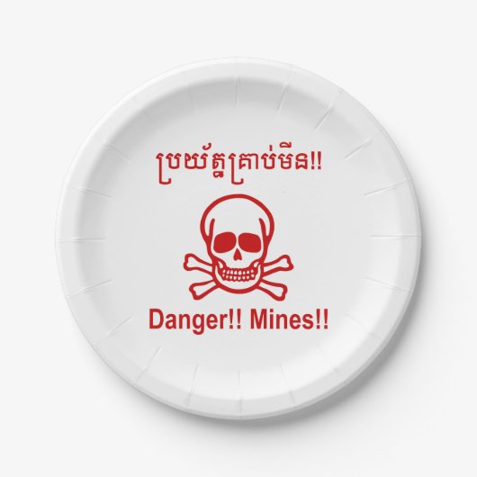 Gevaar! Mijnen! ☠ Cambodjaanse Khmer ☠ Papieren Bordje (Voorkant)