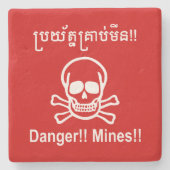 Gevaar! Mijnen! ☠ Cambodjaanse Khmer ☠ Stenen Onderzetter (Voorkant)