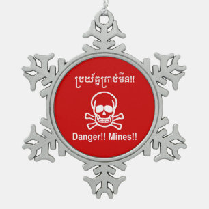 Gevaar! Mijnen! ☠ Cambodjaanse Khmer ☠ Tin Sneeuwvlok Ornament