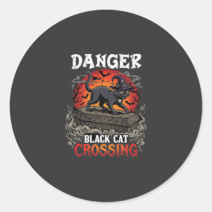 Gevaar Zwarte Kat Oversteekt Halloween Heksenhoed  Ronde Sticker