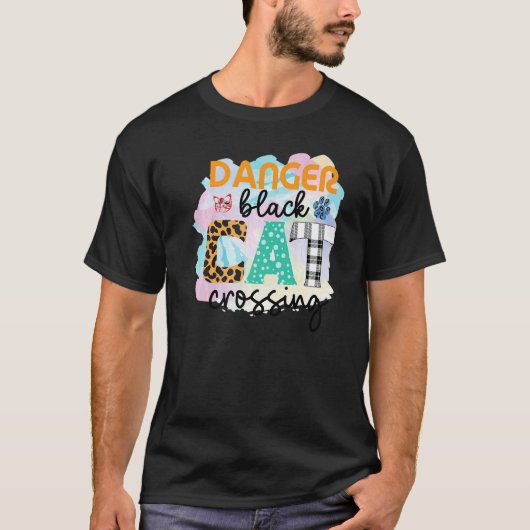 Gevaar Zwarte Kat Overstekend Grafische Patchwork T-shirt (Voorkant)