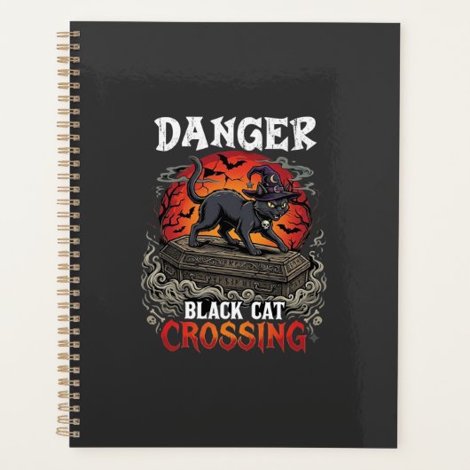 Gevaar Zwarte Kat Overstekend Halloween Heksenhoed Planner (Voorkant)