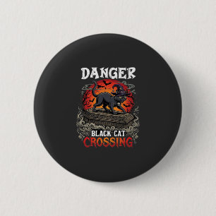 Gevaar Zwarte Kat Overstekend Halloween Heksenhoed Ronde Button 5,7 Cm