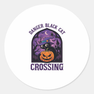 Gevaar Zwarte Kat Overstekend Halloween Pompoen He Ronde Sticker