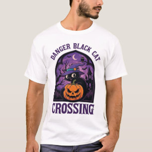 Gevaar Zwarte Kat Overstekend Halloween Pompoen He T-shirt