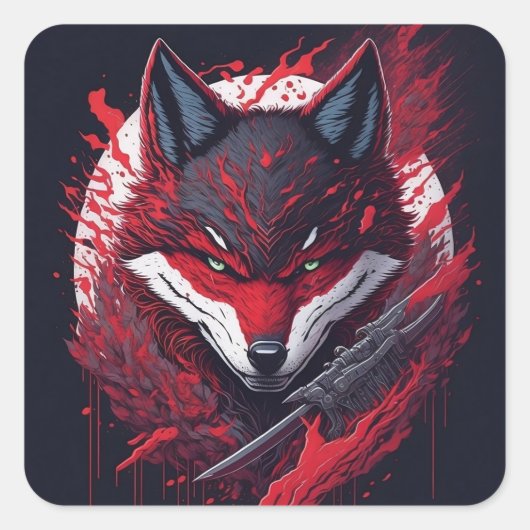 Gevaarlijke ninja wolf logo vierkante sticker (Voorkant)