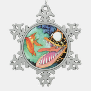 "Gevaarlijke wateren" Waterverf vis Mike Quinn Tin Sneeuwvlok Ornament