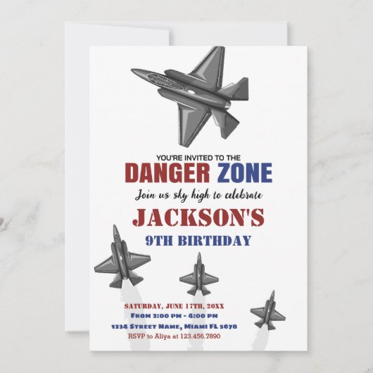 Gevaarzone Fighter Jet Verjaardag Uitnodigingen (Voorkant)