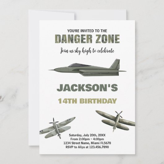 Gevaarzone Fighter Jet Verjaardag Uitnodigingen (Voorkant)