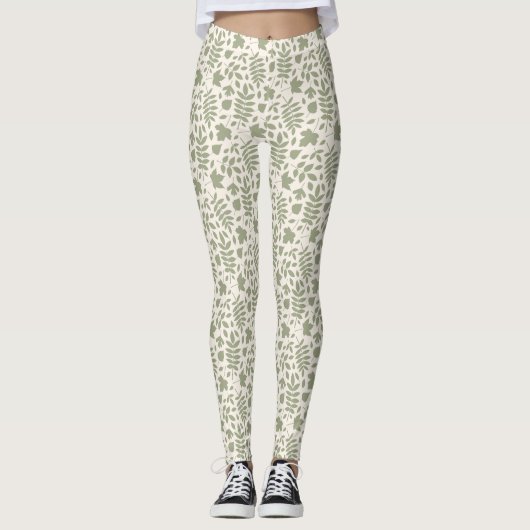 Gevallen bladeren Patroon Groen op Cream Leggings (Voorkant)