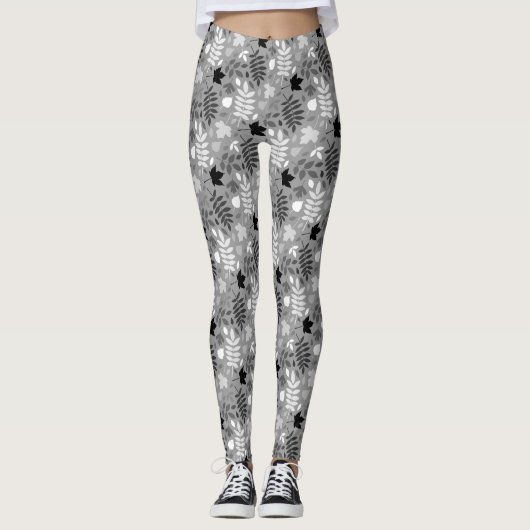 Gevallen bladeren Patroon Monochrome op grijs Leggings (Voorkant)