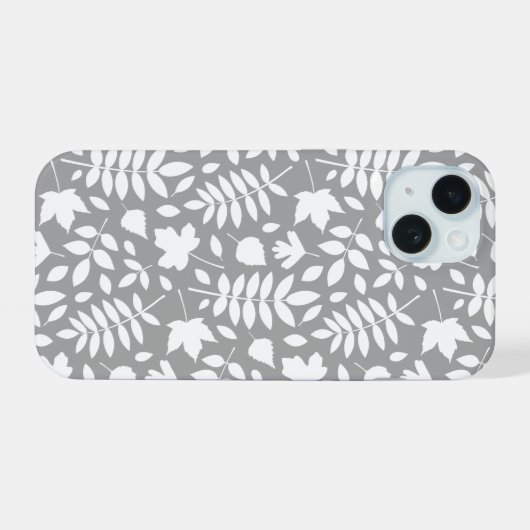 Gevallen Bladeren Patroon Wit op Grijs iPhone 15 Case (Achterkant horizontaal)