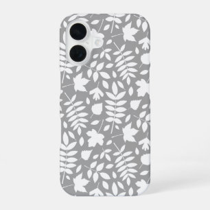 Gevallen Bladeren Patroon Wit op Grijs iPhone 16 Hoesje