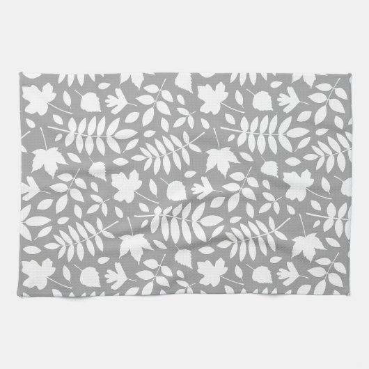 Gevallen Bladeren Patroon Wit op Grijs Theedoek (Horizontaal)
