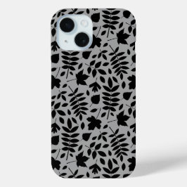 Gevallen bladeren Patroon zwart op grijs iPhone 15 Case