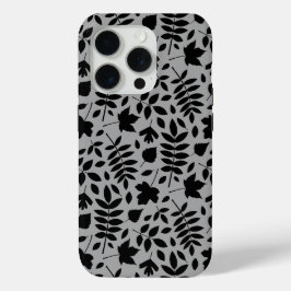 Gevallen bladeren Patroon zwart op grijs iPhone 15 Pro Case