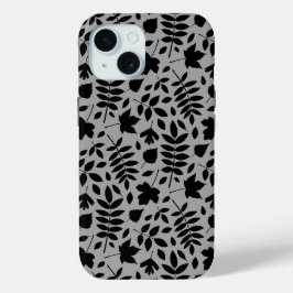 Gevallen bladeren Patroon zwart op grijs iPhone 15 Case